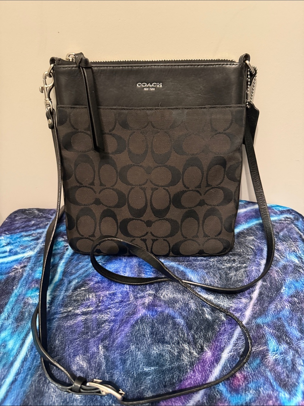 Coach Black Signature Crossbody Pouch with Leather Trim